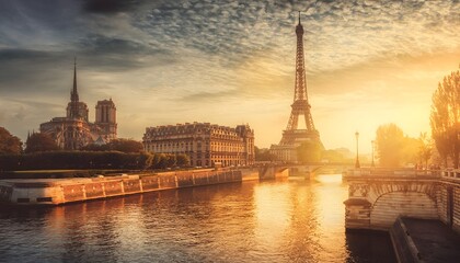 Golden Sunrise Over the Eiffel Tower and Seine River in Paris, France