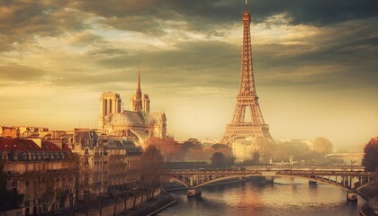 Obraz premium Golden Sunrise Over the Eiffel Tower and Seine River in Paris, France