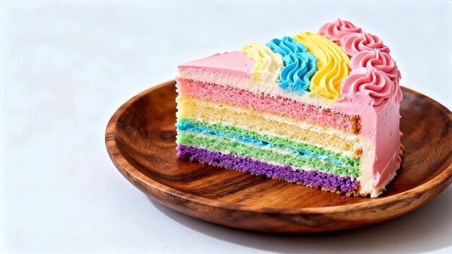 Rainbow cake slice on wooden plate