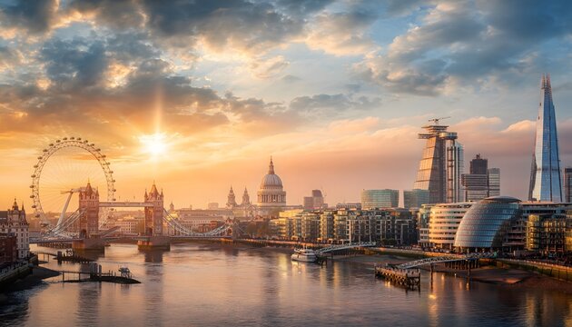 A high-quality, realistic panoramic view of the London city skyline along the River Thames, featuring iconic landmarks like Tower Bridge and The Shard under a dramatic sunset sky