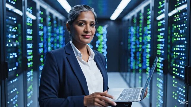 Professional IT administrator standing in a modern data center server room, meticulously optimizing hardware configuration and network infrastructure within a high-tech facility environment.