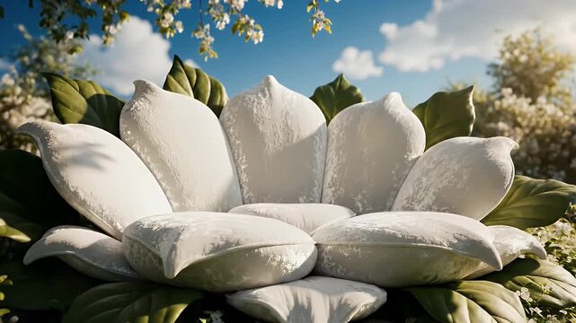 Giant White Lotus Sculpture Blooming in a Sunlit Garden Among Small Flowers