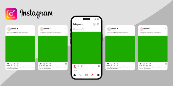 Instagram social media posts on smartphone and separate templates with green screen placeholders.