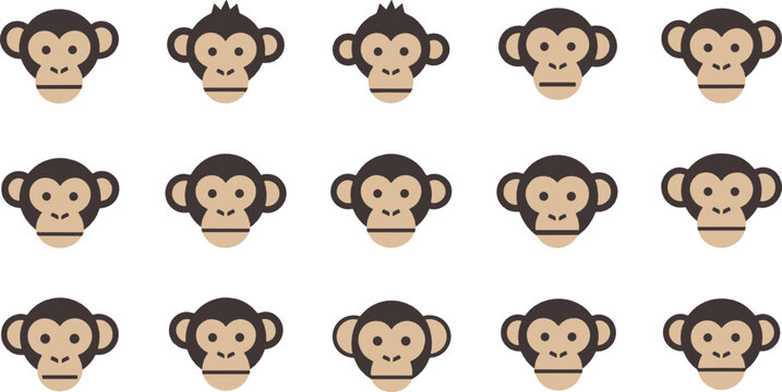 Simple monkey face icon collection with cute cartoon expressions representing animal mascot, emoji style characters, and playful design in flat vector style