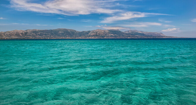 beautiful turquoise blue sea in Simos beach and  island Elafonisos background in peloponnese, greece