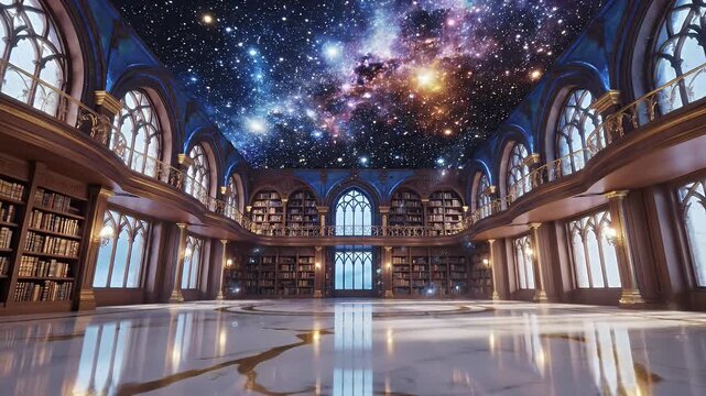 Giant Fantasy Library Hall with Archways, Wooden Bookshelves, and a Starry Celestial Ceiling