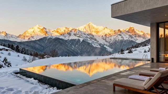 Snowy mountain pool at sunset