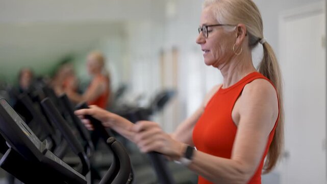 Mature woman engages in workout on elliptical machine in a gym setting during morning hours.