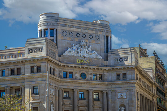 BARCELONA, CATALONIA, SPAIN: The historic BBVA building located on Passeig de Gr&agrave;cia. Was constructed in the early 20th century in a blend of modernist and neoclassical styles.