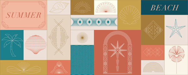 Art Deco Summer Beach Pattern with Tropical Line Icons and Geometric Tiles banner background © piixypeach