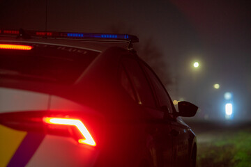 Police Patrol Car with Flashing Emergency Lights at Night on Road © TetianaRUD
