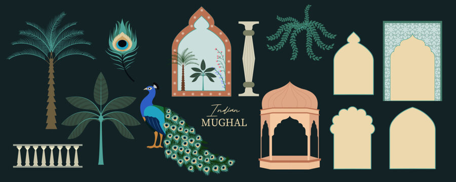 Indian Mughal Inspired element Set with Peacock and Palace Illustration for postcard invitation graphic design