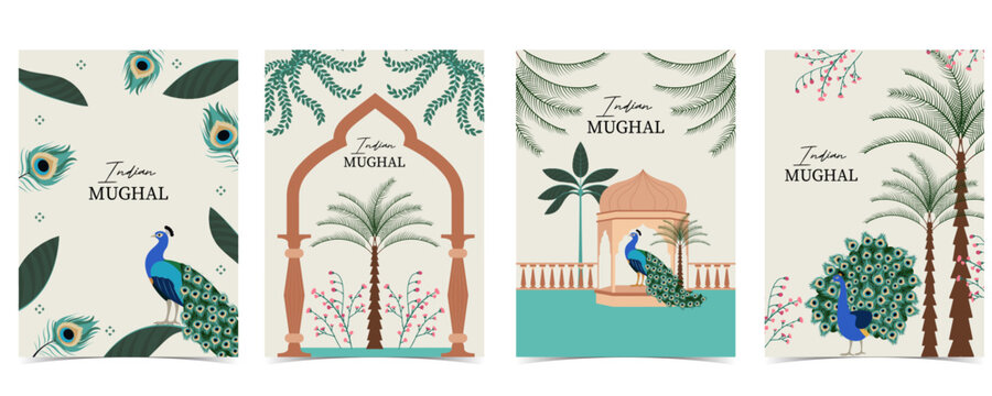 Indian Mughal Inspired background Set with Peacock and Palace Illustration for postcard invitation graphic design
