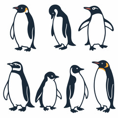 Obraz premium Cute penguin characters set in different poses with blue and white bodies and orange beaks. Friendly Antarctic bird collection for kids, winter themes, stickers and posters.