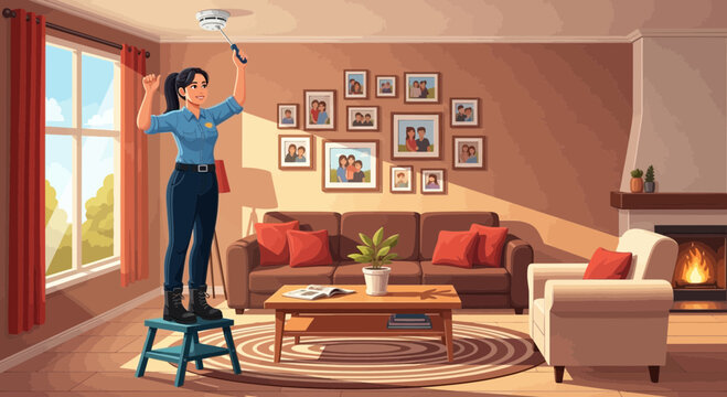 Woman cleaning ceiling fan with duster while standing on stool.