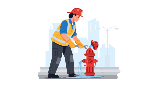 Worker repairing a leaking fire hydrant on a city street.