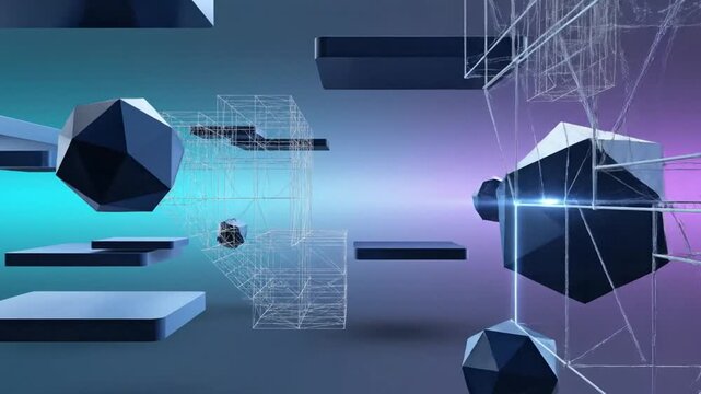 Abstract 3D geometric shapes and wireframes in a futuristic digital space.