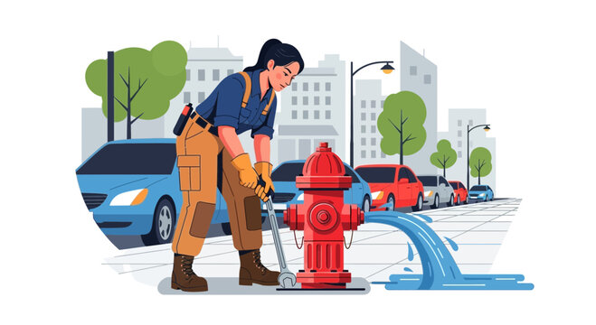 Female firefighter fixing a leaking fire hydrant on a city street.