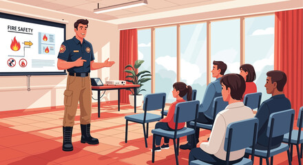 Obraz premium Firefighter giving a fire safety presentation to a group of people in a classroom setting.