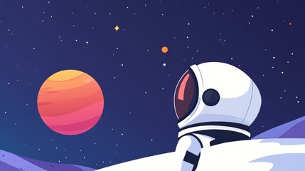 Astronaut Gazing at Distant Colorful Planet Under Starry Sky