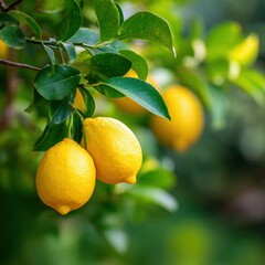 Fresh and Juicy Lemons Hanging from a Lush Green Tree