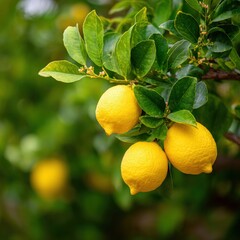 Fresh Lemons Hanging on a Vibrant Green Tree Branch
