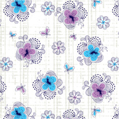 Flowers and delicate butterflies in soft pastel blue and purple tones