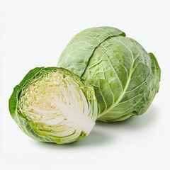 Fototapeta premium Fresh Green Cabbage and Sliced Half on White Background