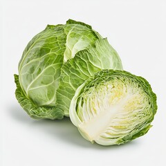 Fototapeta premium Fresh Green Cabbage with Cut Half Revealing Inner Leaves