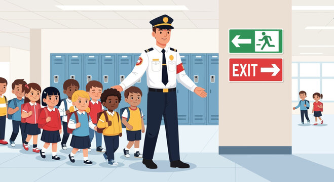 School security guard guiding a line of diverse elementary school children.