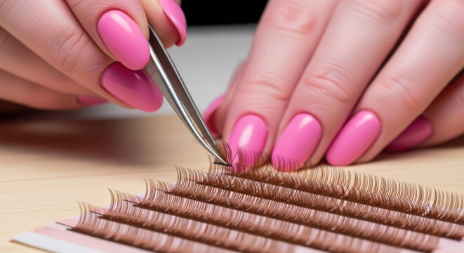 Hands pick up false eyelashes with tweezers.