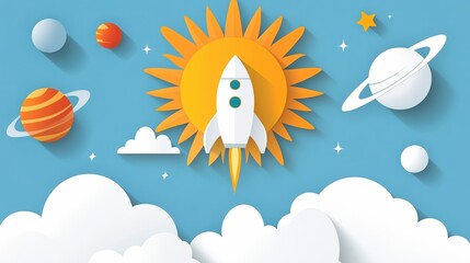 Colorful Paper Cutout Style Rocket Launching into Space with Planets