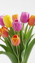 Obraz premium Vibrant Tulip Bouquet in a Variety of Colors on a Bright White Background, Ideal for Spring Decor