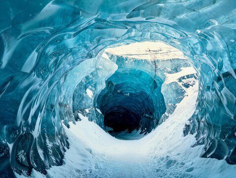 Inside a deep blue crystal ice cave in a glacier,