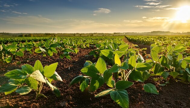 soybean grows on the field selective focus