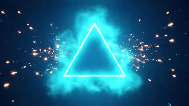 A bright neon blue triangle glows in the dark surrounded by a cascade of glowing particles suggesting digital data or energy in motion showcasing technological advancement
