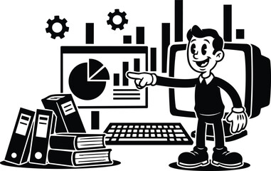 Fototapeta premium Retro cartoon vector businessman smiling pointing at pie chart with stacked books binders keyboard monitor gears in office low angle