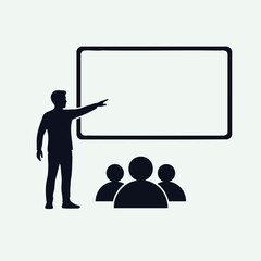 Silhouette icon representing a business presentation, lecture, or training session with a speaker pointing at a blank screen