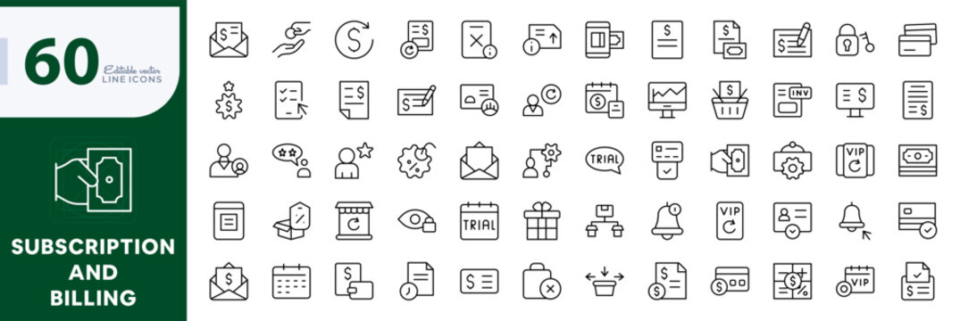 Subscription and billing Line Icon Set. Receipt, bill, payment, membership, subscription plan, digital payment, icons vector illustration. Editable pixel-perfect stroke icon