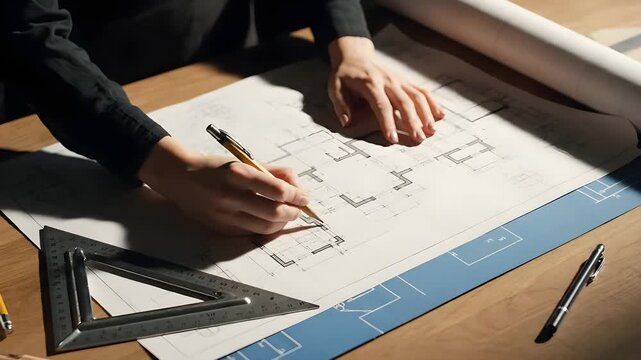 Architect hands drawing blueprints with a pencil and ruler, working on detailed architectural plans, perfect for construction projects, real estate presentations, and design firm promotions