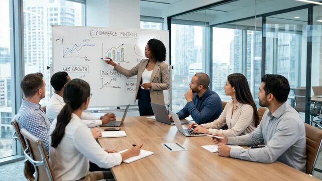 A diverse team collaborates in a modern office watching a confident leader present a complex plan on a whiteboard guiding their business strategy