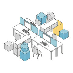 Modern Office Cubicles with Geometric Shapes and Computers.
