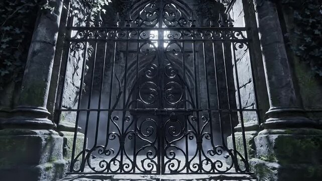 Gothic Ruined Cathedral Gate Enveloped in Ivy and Snow at Dusk