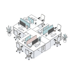 Modern Office Workspace with Cubicles and Computers.