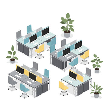 Modern Office Workstations with Computers and Plants.