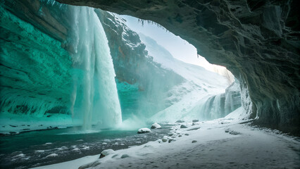 Inside a glacier cave where a waterfall has frozen mid-flow, glowing emerald and turquoise ice walls, soft natural skylight piercing from a crack above, subtle frost particles in the air.