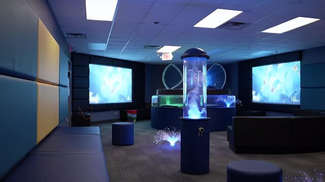 Sensory Room Interior with Blue Lighting and Interactive Displays - Calming Space for Children with Autism or Special Needs Promoting Relaxation and Exploration