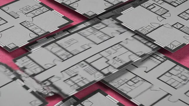 Architectural Floor Plans Arranged in a Pattern on Pink Background.