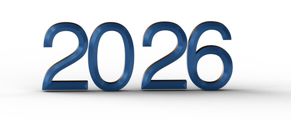 Bold 3D rendering of the year 2026 in blue against a clean white background. Perfect for financial, calendar, and future