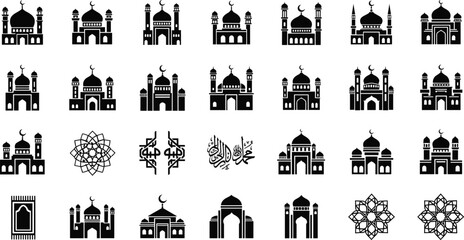 WebIslamic mosque icon set, Ramadan Mubarak architecture silhouettes with domes minarets crescent symbols and Arabic calligraphy vector collection
